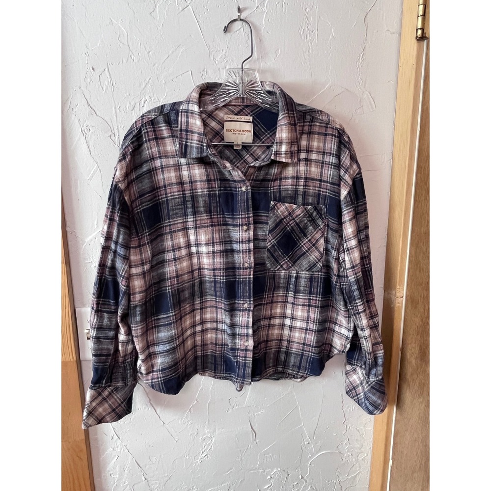 Scotch & Soda‎ Amsterdam Plaid Flannel Shirt Navy Pink Cream Cotton Large L